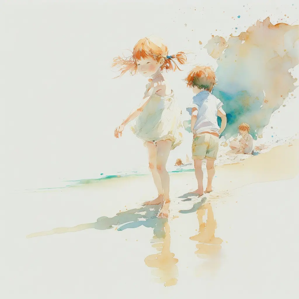 light watercolor, children playing at the beach, bright, white background, few details, dreamy, Studio Ghibli
